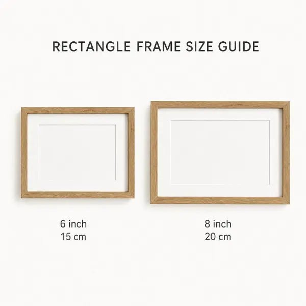 Custom needle-felted portrait frame size chart, showcasing 6-inch and 8-inch premium natural wooden rectangle frame dimensions.