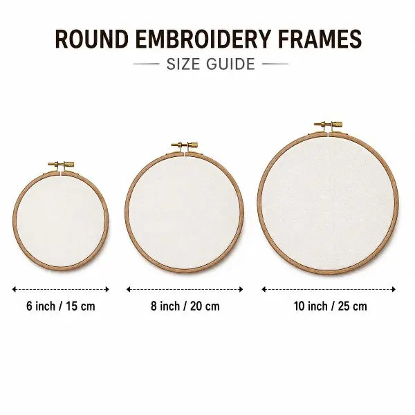 Custom round embroidery frames size guide infographic, displaying three circular wooden hoops with dimensions for 6 inch 15 cm, 8 inch 20 cm, and 10 inch 25 cm for handmade pet portraits.
