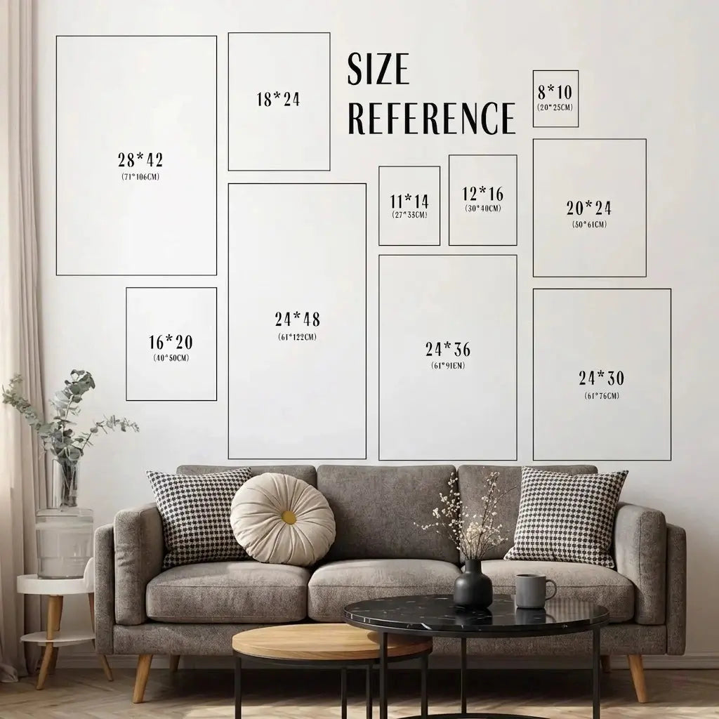 A visual guide displaying various standard frame sizes including 8x10, 16x20, and 24x48, shown against a minimalist sofa and wall setting to help customers visualize the scale of custom oil portrait prints.