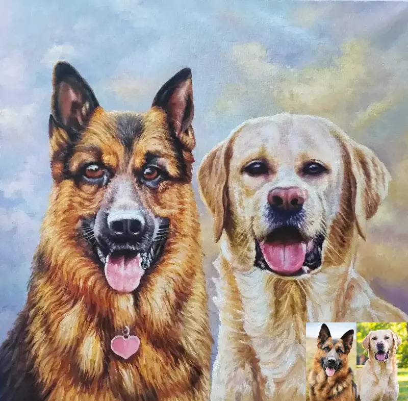 A professional 100% hand-painted oil portrait of a German Shepherd and a yellow Labrador side-by-side, featuring an ethereal sky background, created by Muse & Paw from customer-provided reference photos.