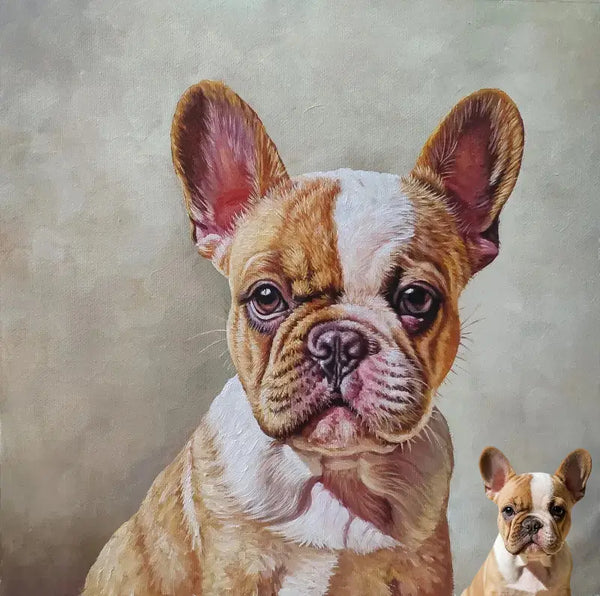 Custom hand-painted oil portrait of a French Bulldog (large image), based on a provided photo reference (small inset photo), showcasing highly detailed brushstrokes and likeness.