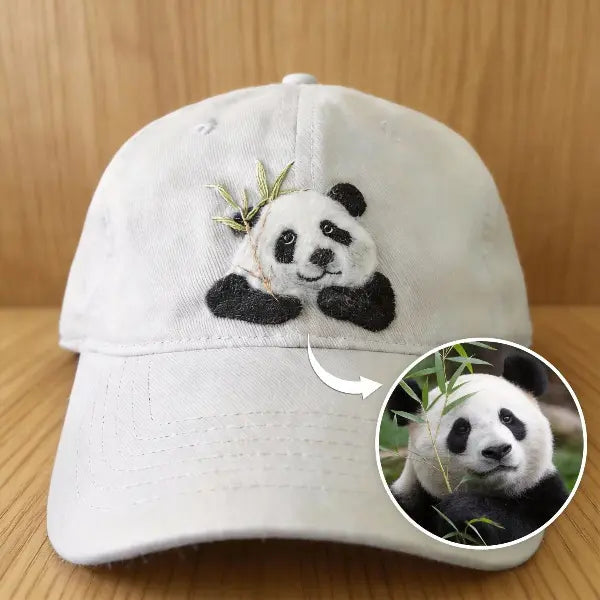 Custom photo to hat comparison, showing a real Giant Panda eating bamboo photo transformed into a handmade 3D needle-felted portrait on a beige baseball cap.