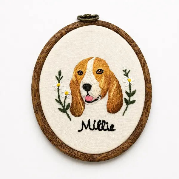 Personalized handmade scenter hound dog head needlework on cream canvas, styled as a vintage oval wall hanging keepsake with custom black text for a unique dog dad gift.