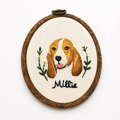 Personalized handmade scenter hound dog head needlework on cream canvas, styled as a vintage oval wall hanging keepsake with custom black text for a unique dog dad gift.