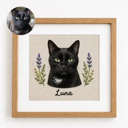 Personalized framed pet portrait needlework on linen fabric, showcasing an intricate handmade-style thread sketch of a black kitten with custom text name for premium cat lover gift.