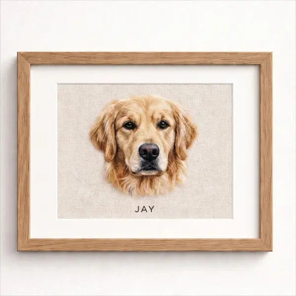 Handmade needle-felted Golden Retriever dog artwork on linen background, personalized 3D pet replica, unique custom dog memorial gift.