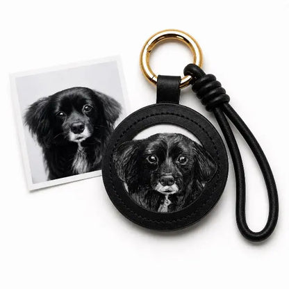 Handmade personalized dog portrait key ring displaying a premium black leather tag with a custom painted fluffy mixed breed dog replica, luxury gold hardware animal memorial gift.