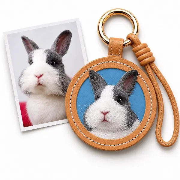 Handmade personalized bunny portrait key ring displaying a premium tan leather tag with a custom painted Dutch rabbit replica, unique luxury pet loss memorial gift.