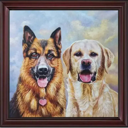 Framed custom oil portrait of a German Shepherd and a Labrador, 100% hand-painted pet memorial art in a classic wooden frame