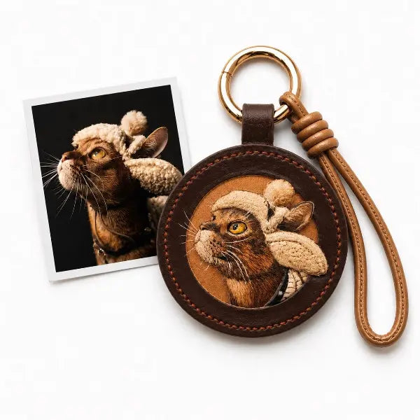 Handmade personalized cat portrait key ring displaying a premium dark brown leather tag with a custom carved short-haired cat replica charm, unique luxury animal memorial gift.
