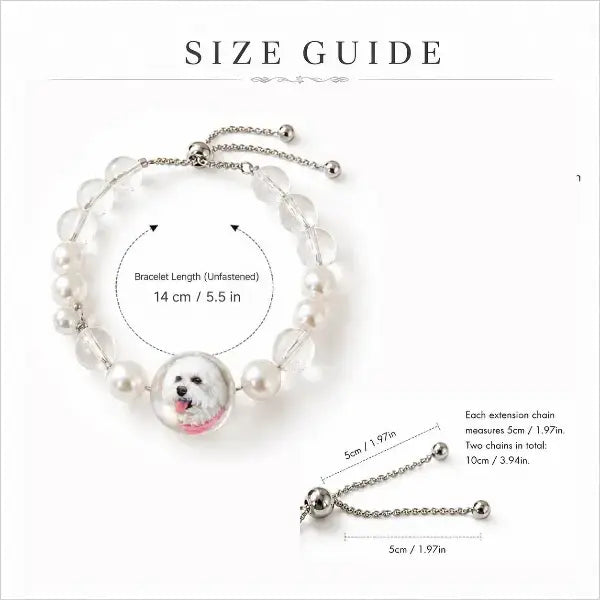 Size chart for handmade pearl crystal pet bracelet, detailing adjustable slider chain dimensions of 10 cm or 3.94 in total for perfect wrist fit.
