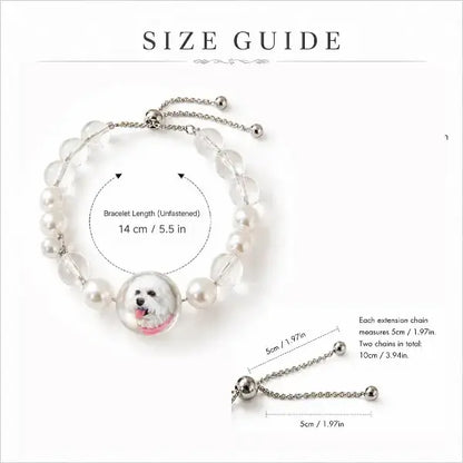 Size chart for handmade pearl crystal pet bracelet, detailing adjustable slider chain dimensions of 10 cm or 3.94 in total for perfect wrist fit.
