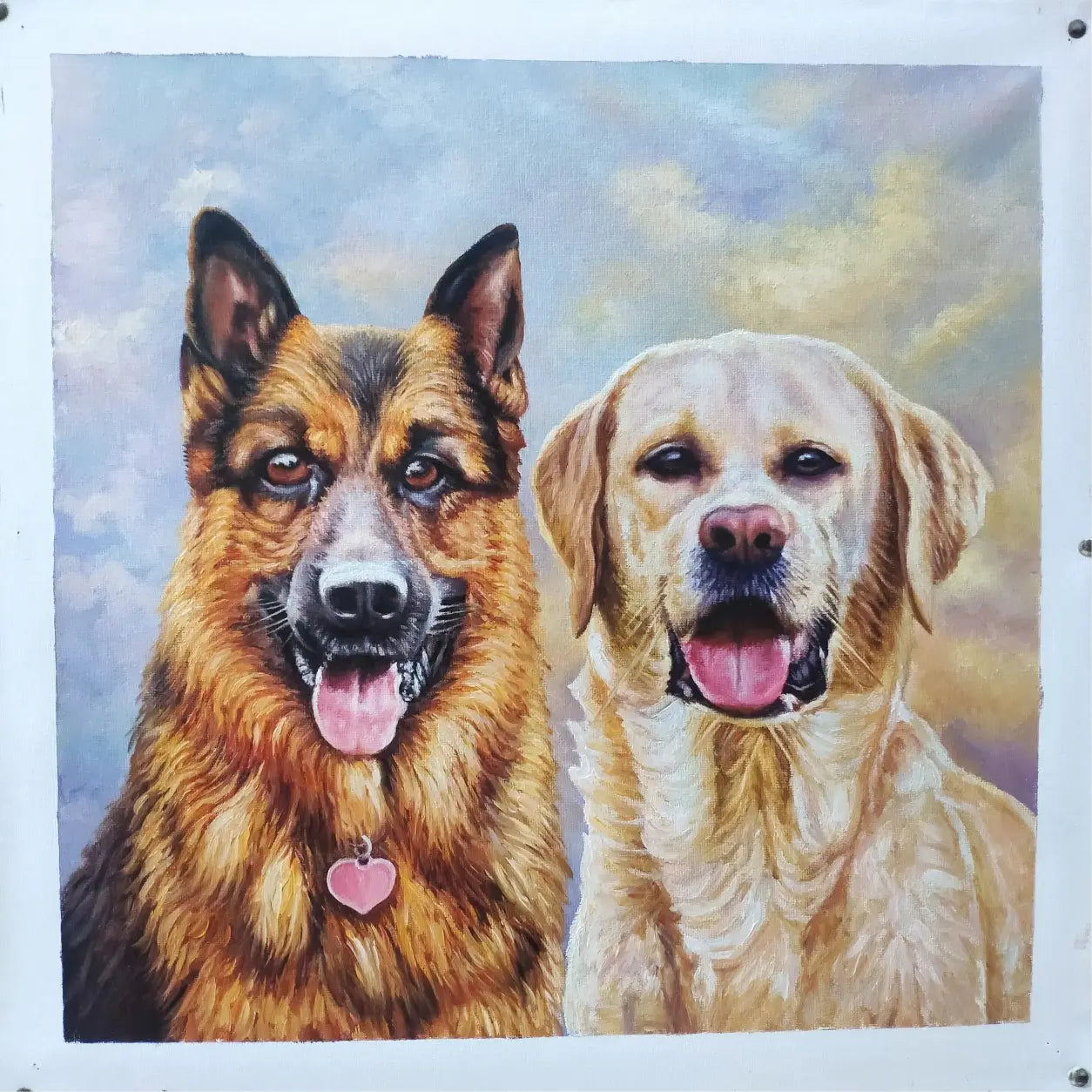 Custom hand-painted oil portrait of a German Shepherd and a Labrador Retriever, personalized pet memorial art piece