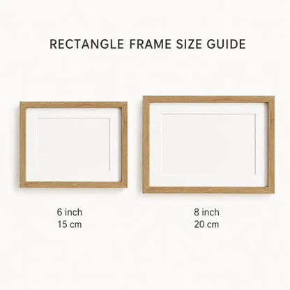 Custom needle-felted portrait frame size chart, showcasing 6-inch and 8-inch premium natural wooden rectangle frame dimensions.
