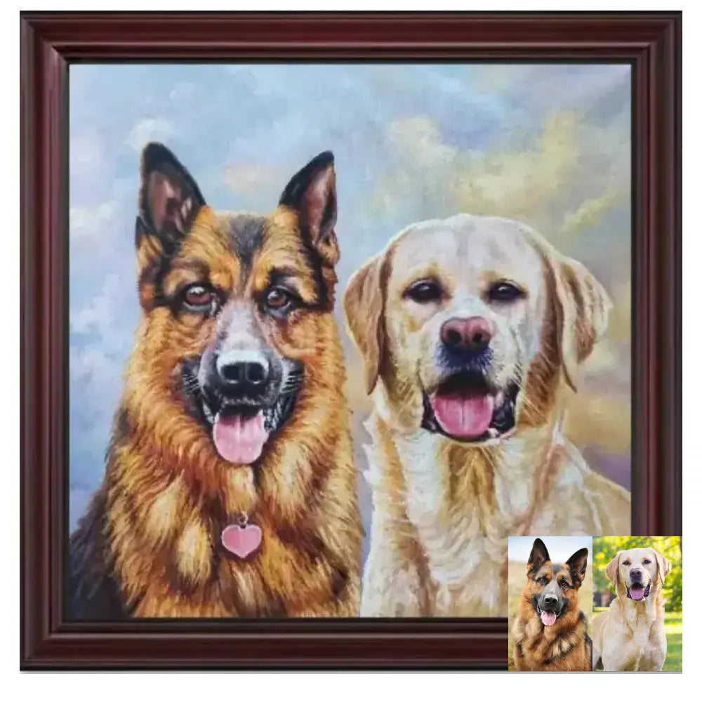 Custom hand-painted portrait of German Shepherd and Labrador retriever from photo by Muse & Paw