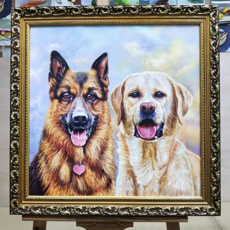 A luxurious framed custom oil painting featuring a German Shepherd and a Golden Labrador side-by-side, hand-painted by Muse & Paw artisans to create a bespoke pet portrait masterpiece.