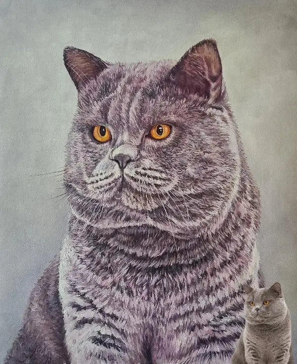 Custom cat photo to hand-painted fine art on canvas, showing a detailed realistic oil portrait of a grey British Shorthair cat with expressive amber copper eyes and rich paint brushstroke textures.