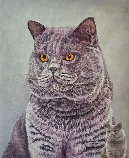 Custom cat photo to hand-painted fine art on canvas, showing a detailed realistic oil portrait of a grey British Shorthair cat with expressive amber copper eyes and rich paint brushstroke textures.