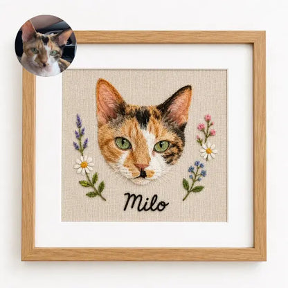 Personalized framed pet portrait needlework on premium linen fabric, showcasing an intricate thread sketch of a colorful kitten head with custom name lettering for premium cat mom gift.