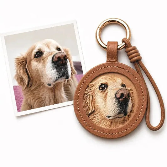 Custom dog photo to leather jewelry comparison, showing a real Golden Retriever dog photo transformed into a hand-tooled 3D leather carved portrait on a round tan keyring.