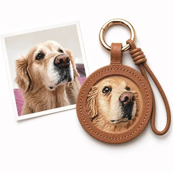 Custom dog photo to leather jewelry comparison, showing a real Golden Retriever dog photo transformed into a hand-tooled 3D leather carved portrait on a round tan keyring.