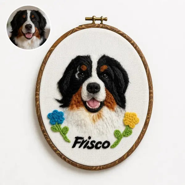 Custom dog photo to felt artwork comparison, showing a circular tricolor Bernese Mountain Dog photo transformed into a handmade 3D needle-felted portrait in a wooden oval embroidery hoop.