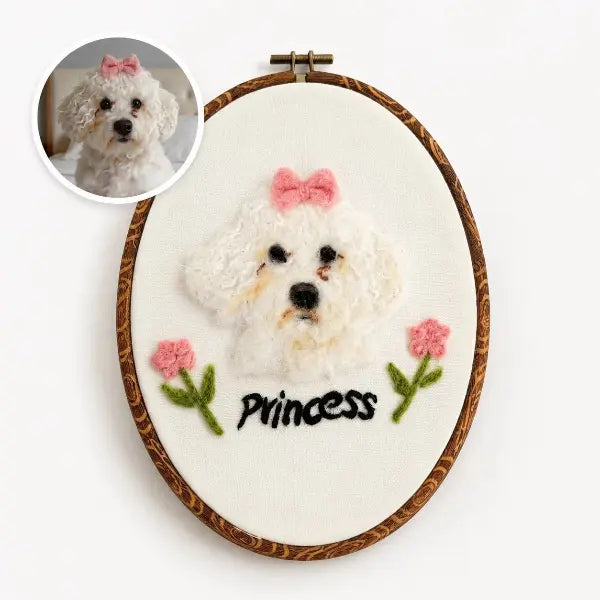 Custom dog photo to felt artwork comparison, showing a circular white Bichon Frise dog photo with a pink bow transformed into a handmade 3D needle-felted portrait in a wooden oval embroidery hoop.