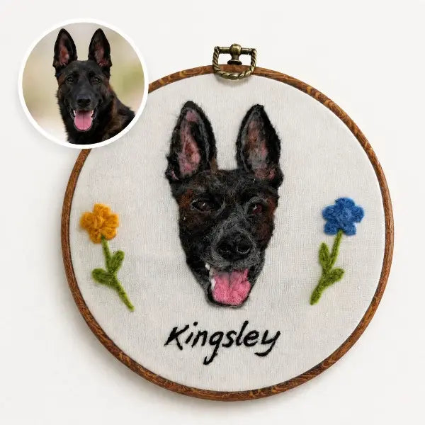 Custom dog photo to felt artwork comparison, showing a circular dark German Shepherd Malinois dog photo transformed into a handmade 3D needle-felted portrait with erect ears in a wooden round embroidery hoop.