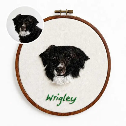 Custom dog photo to felt artwork comparison, showing a circular black and white Border Collie dog photo transformed into a handmade 3D needle-felted portrait in a wooden round embroidery hoop.