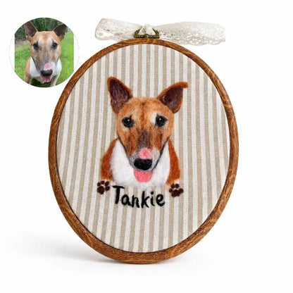 Custom pet photo to felt artwork comparison, showing a circular Bull Terrier dog photo transformed into a handmade 3D needle-felted portrait in a wooden oval embroidery hoop.