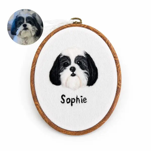 Custom dog photo to felt artwork comparison, showing a circular black and white Shih Tzu dog photo transformed into a handmade 3D needle-felted portrait in a wooden oval embroidery hoop.