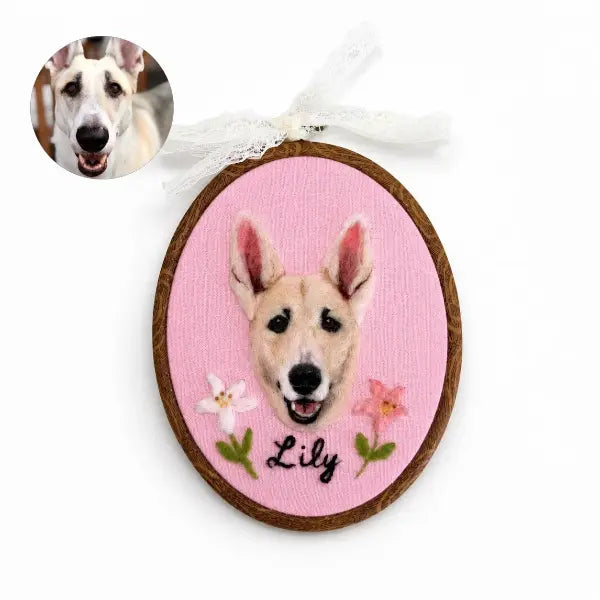 Custom dog photo to felt artwork comparison, showing a circular white shepherd mix dog photo transformed into a handmade 3D needle-felted portrait with big erect ears in a wooden oval embroidery hoop.