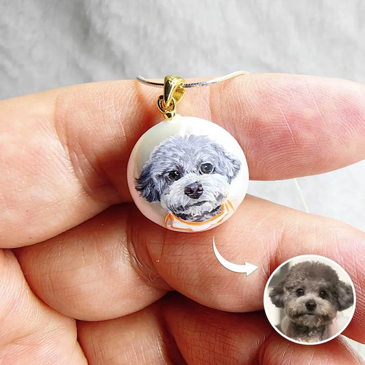 Hand-painted gray Poodle portrait on a custom pearl pendant necklace, showing a comparison with the real pet photo by Muse & Paw.