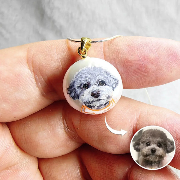 Hand-painted gray Poodle portrait on a custom pearl pendant necklace, showing a comparison with the real pet photo by Muse & Paw.