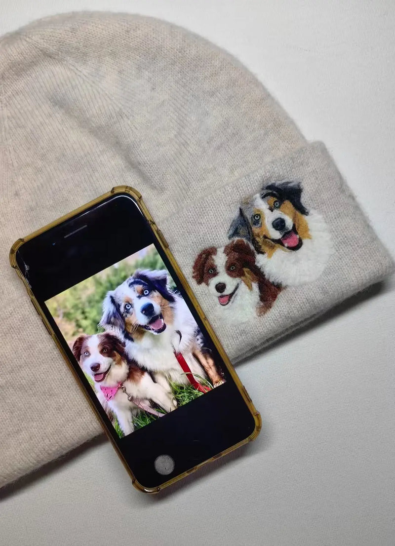 Handmade needle felted double Australian Shepherd portrait on a beige knit beanie, custom twin pet lover winter gift by Muse & Paw