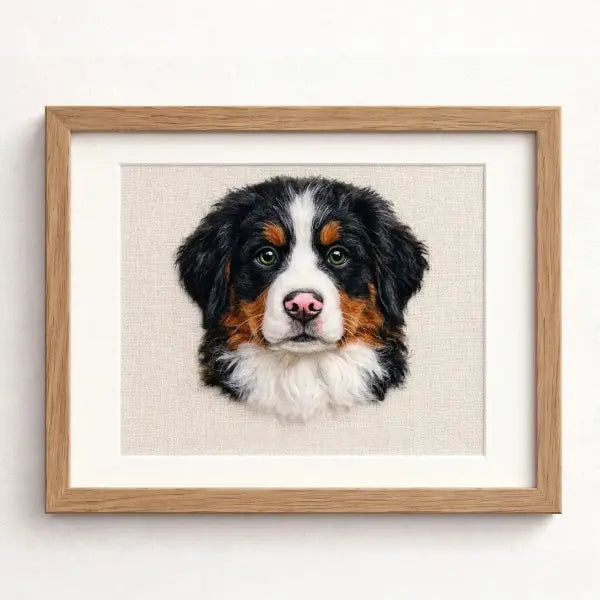 Handmade needle-felted Bernese Mountain Dog puppy artwork, personalized 3D pet replica, unique custom dog memorial gift.