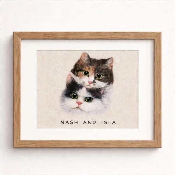 Custom 3D needle-felted cat portrait featuring a Calico cat and a black and white Tuxedo cat, handmade framed pet replica.