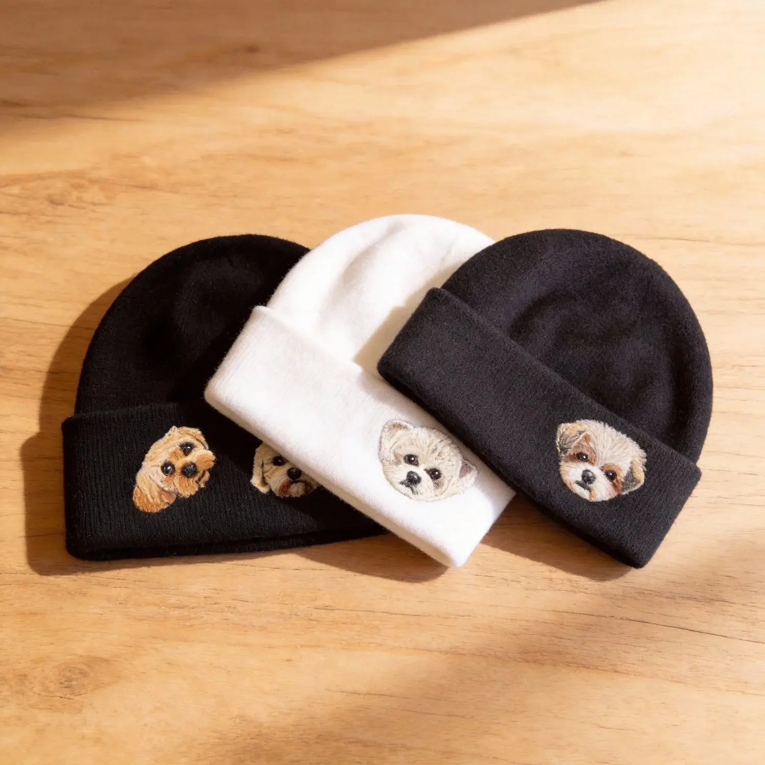 Custom needle felted dog portrait knit beanies in black and white, personalized pet lover winter gifts for various dog breeds by Muse & Paw.