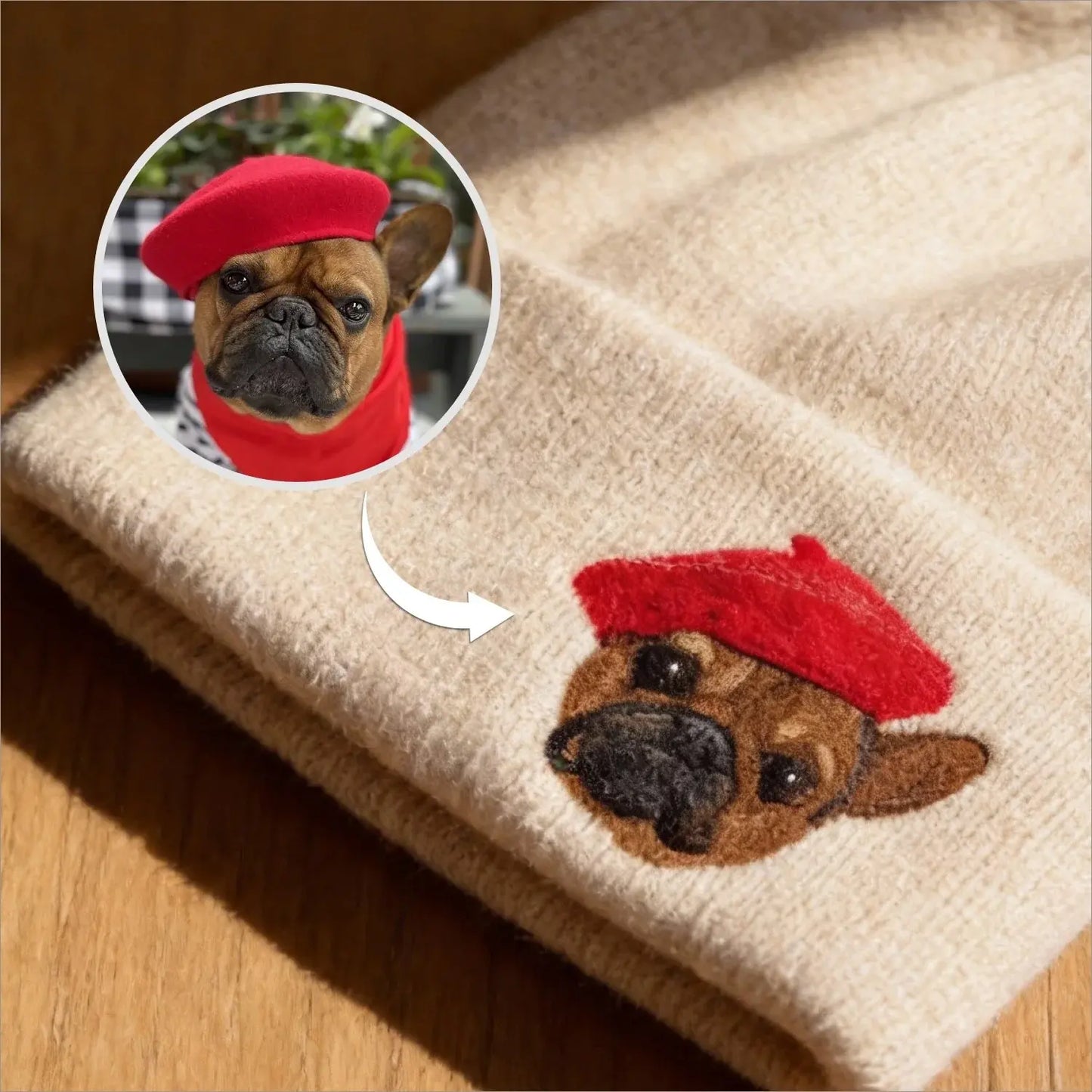 Handmade needle felted French Bulldog portrait on a beige knit beanie hat, custom personalized Frenchie owner winter gift by Muse & Paw.