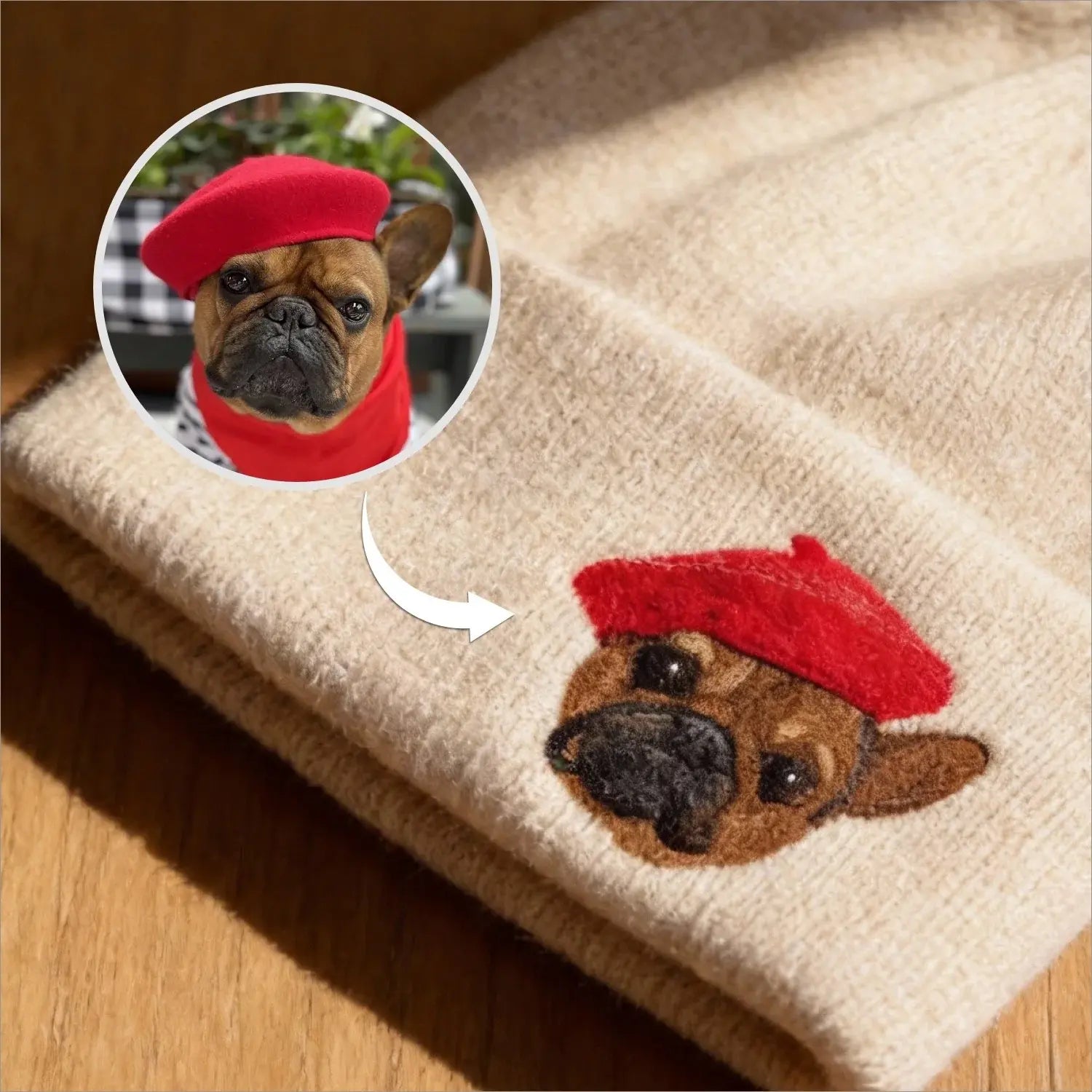 Handmade needle felted French Bulldog portrait on a beige knit beanie hat, custom personalized Frenchie owner winter gift by Muse & Paw.