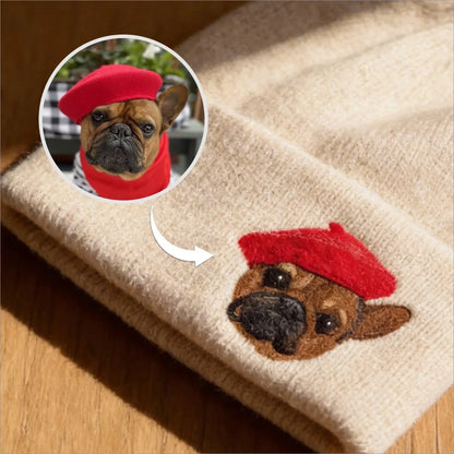 Handmade needle felted French Bulldog portrait on a beige knit beanie hat, custom personalized Frenchie owner winter gift by Muse & Paw.