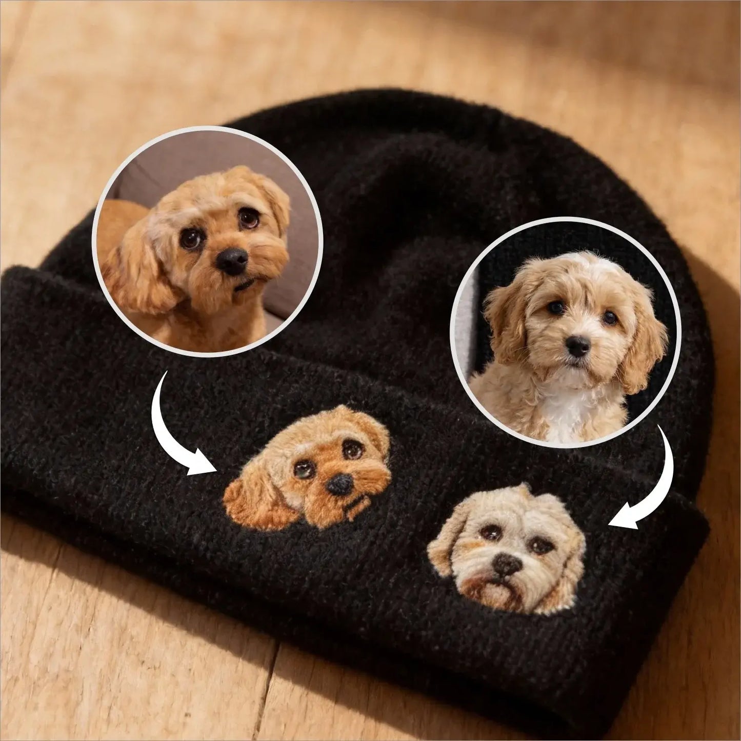 Handmade needle felted dog portrait on a black knit beanie hat, custom personalized Poodle mix pet lover winter gift by Muse & Paw.
