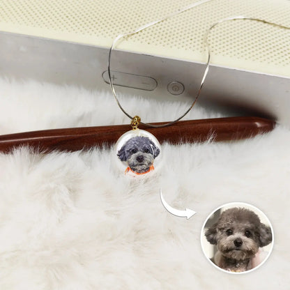 Hand-painted pet portrait pearl pendant, a unique Christmas gift for pet lovers by Muse & Paw.