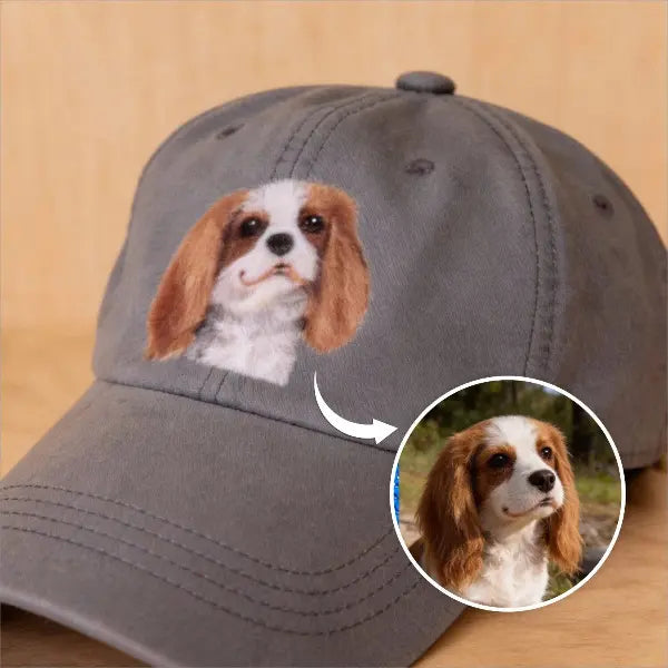 Handmade personalized dog portrait dad hat featuring custom wool felted Cavalier dog charm, premium dark grey washed cotton adjustable baseball cap gift for pet owners.