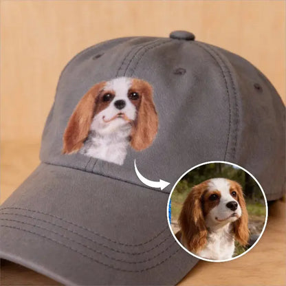 Handmade personalized dog portrait dad hat featuring custom wool felted Cavalier dog charm, premium dark grey washed cotton adjustable baseball cap gift for pet owners.
