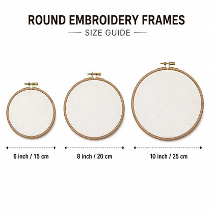 Custom round embroidery frames size guide infographic, displaying three circular wooden hoops with dimensions for 6 inch 15 cm, 8 inch 20 cm, and 10 inch 25 cm for handmade pet portraits.