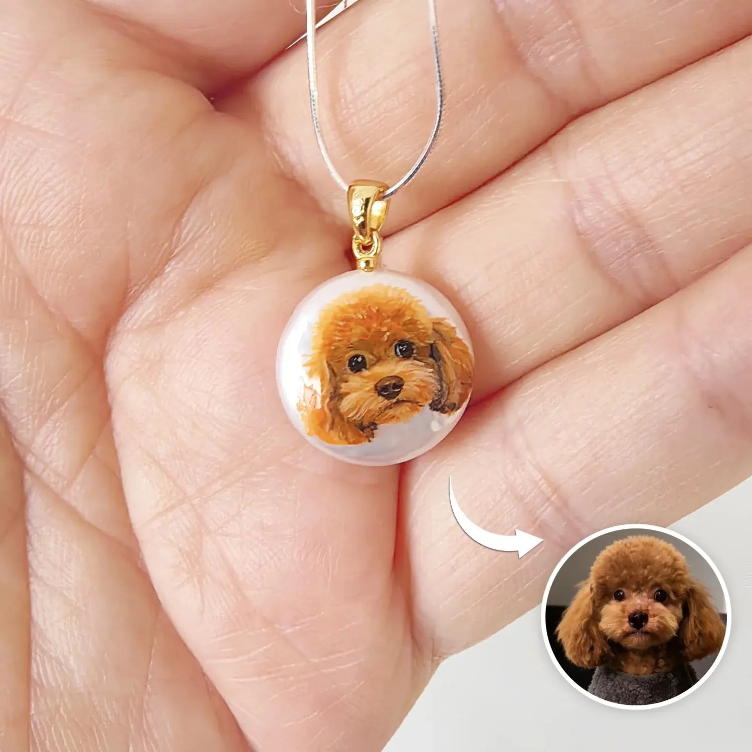 100% hand-painted Poodle dog portrait on a freshwater pearl pendant necklace, showing a comparison with the real pet photo by Muse & Paw.