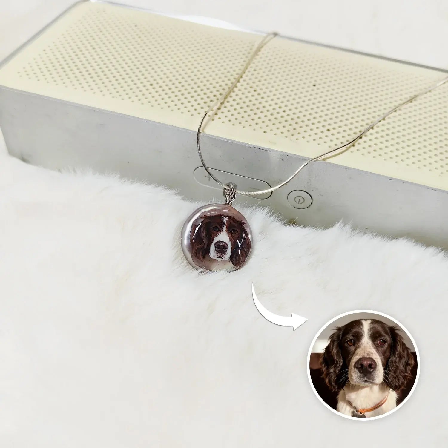 Hand-painted Springer Spaniel dog portrait on a premium pearl pendant, unique personalized gift for pet owners by Muse & Paw.