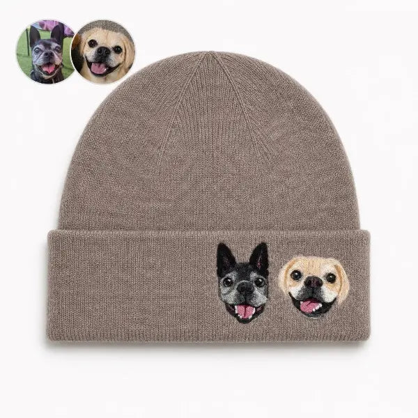 Custom two dogs photo to embroidered beanie comparison, featuring an oatmeal brown knit hat with two personalized pet portraits side-by-side matching the original reference photos.