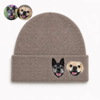 Custom two dogs photo to embroidered beanie comparison, featuring an oatmeal brown knit hat with two personalized pet portraits side-by-side matching the original reference photos.